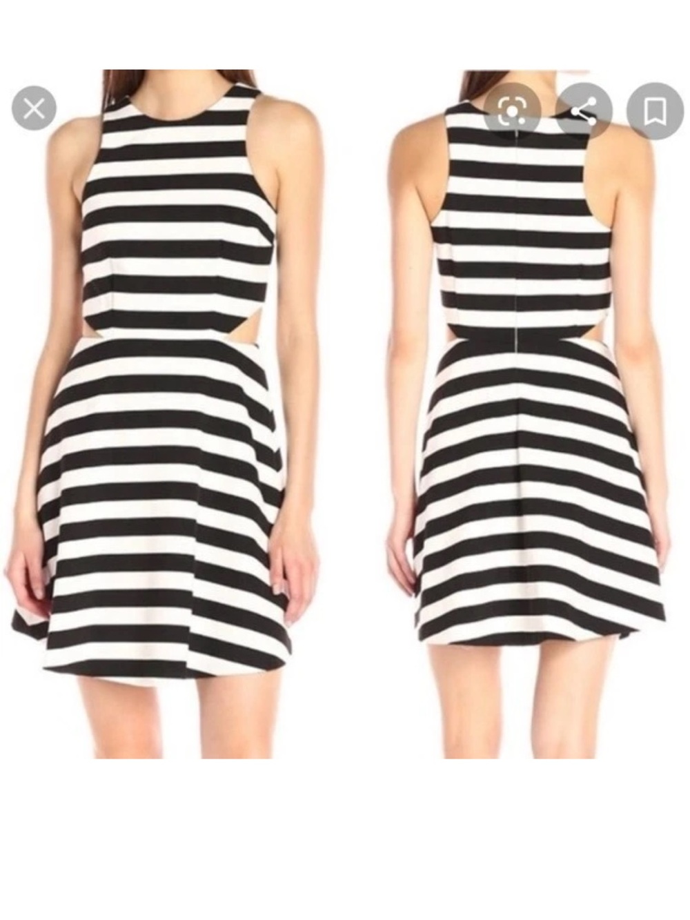 CeCe Cut-Out Black/White Striped Ponte Knit Sleeveless Fit & Flare Dress 8